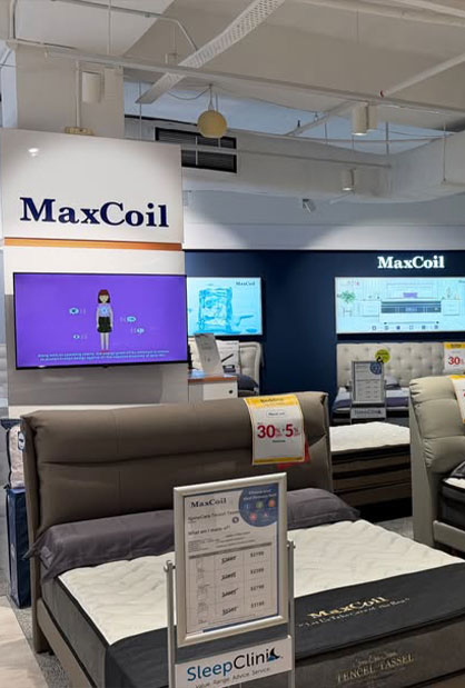 MaxCoil mattress retail display fit-out at Courts Singapore